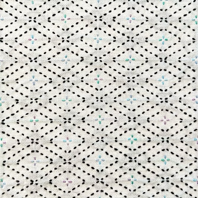 セリアの刺し子ふきん「三菱十字」模様。菱形が規則的に並ぶ模様。