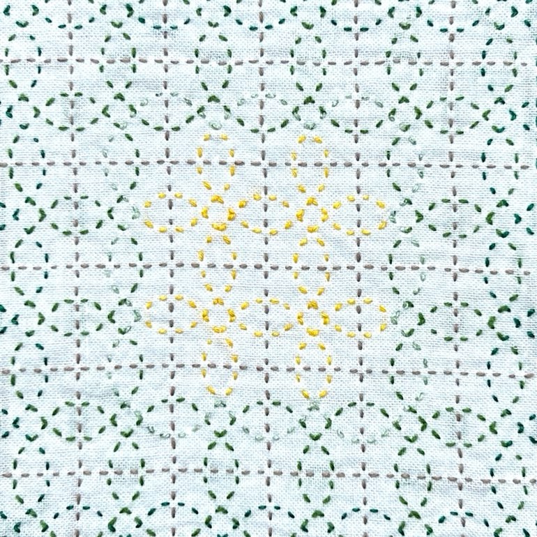 セリアの刺し子ふきん「八角つなぎ」模様。八角形が連なる縁起柄。