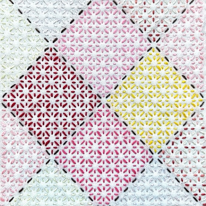 セリアの刺し子ふきん「変わり花刺し」模様。花をモチーフにしたアレンジ柄。