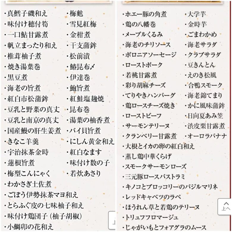 ジャパネットたかたのお節のお品書きの写真。
