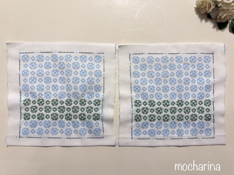 刺し子布2枚の縫い縮みの比較写真。同じ布と糸を使い、1枚は縫い縮み、1枚は縫い縮んでいない様子。