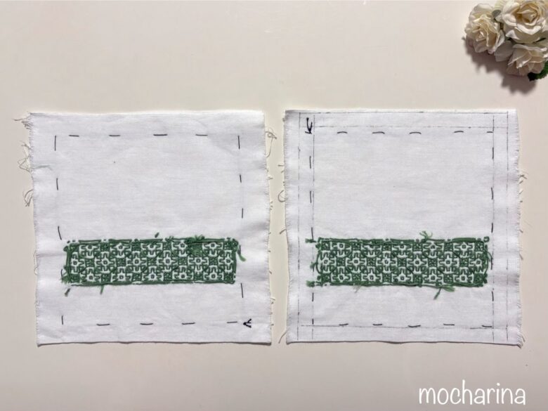 マーガレット模様を刺し子した裏側2枚の写真。緑色のマーガレット模様3段をボーダーにしたデザイン。