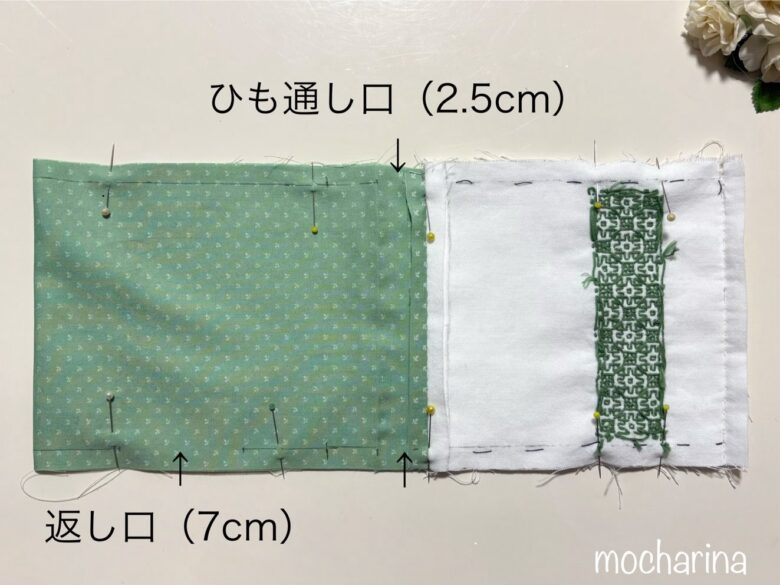 巾着袋の作成途中の写真。表地と表地・裏地と裏地を合わせ、ひも通し口・返し口の場所を示した様子。