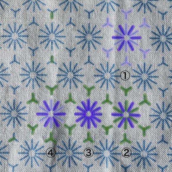 麻の葉 花の4つの色パターンの写真。図案に紫と緑を使って4パターンの色合いを描いた様子。。