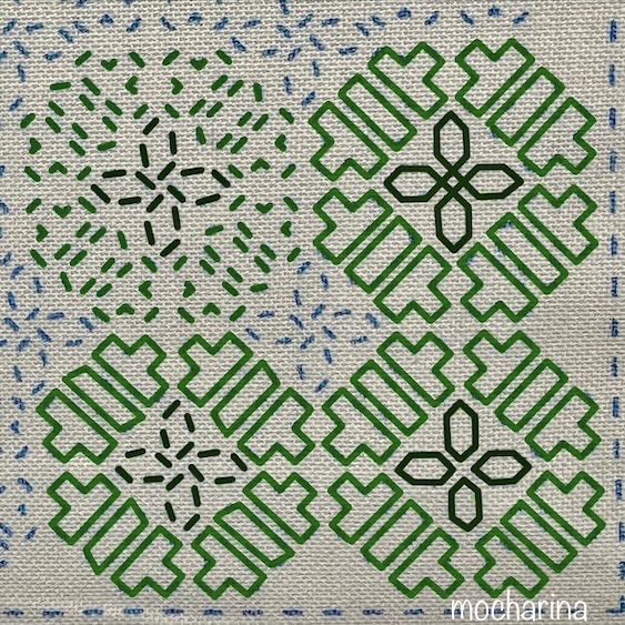 変わり四つ葉の図案に縫い方のパターンを描いた写真。4種類の縫い方のデザイン。