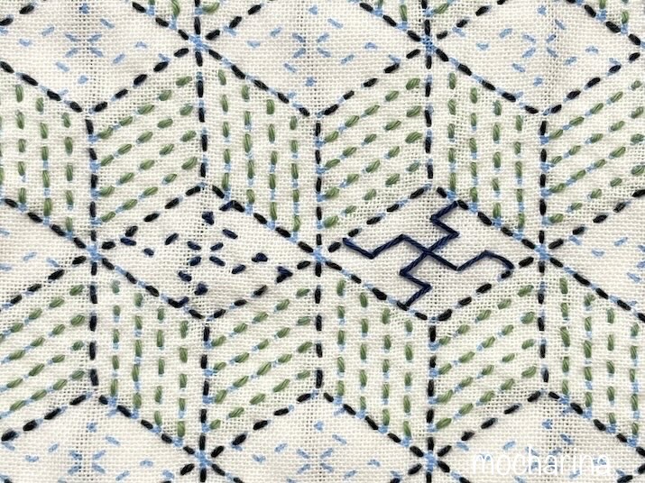 卍模様2種類を縫った写真。下書き線通りのチクチク縫いと、一目刺しの卍の試し縫いをした様子。