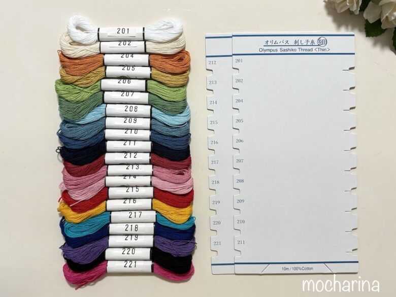 20色の刺し子糸と2枚の糸巻き板の写真。糸巻き板と刺し子糸の番号を見せている様子。