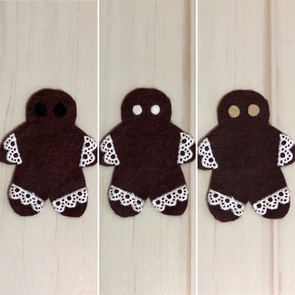 フェルトの「ジンジャーブレッド」に3色の目を乗せた3つの比較写真。茶色の本体に、黒・白・ベージュの目を置いた様子。