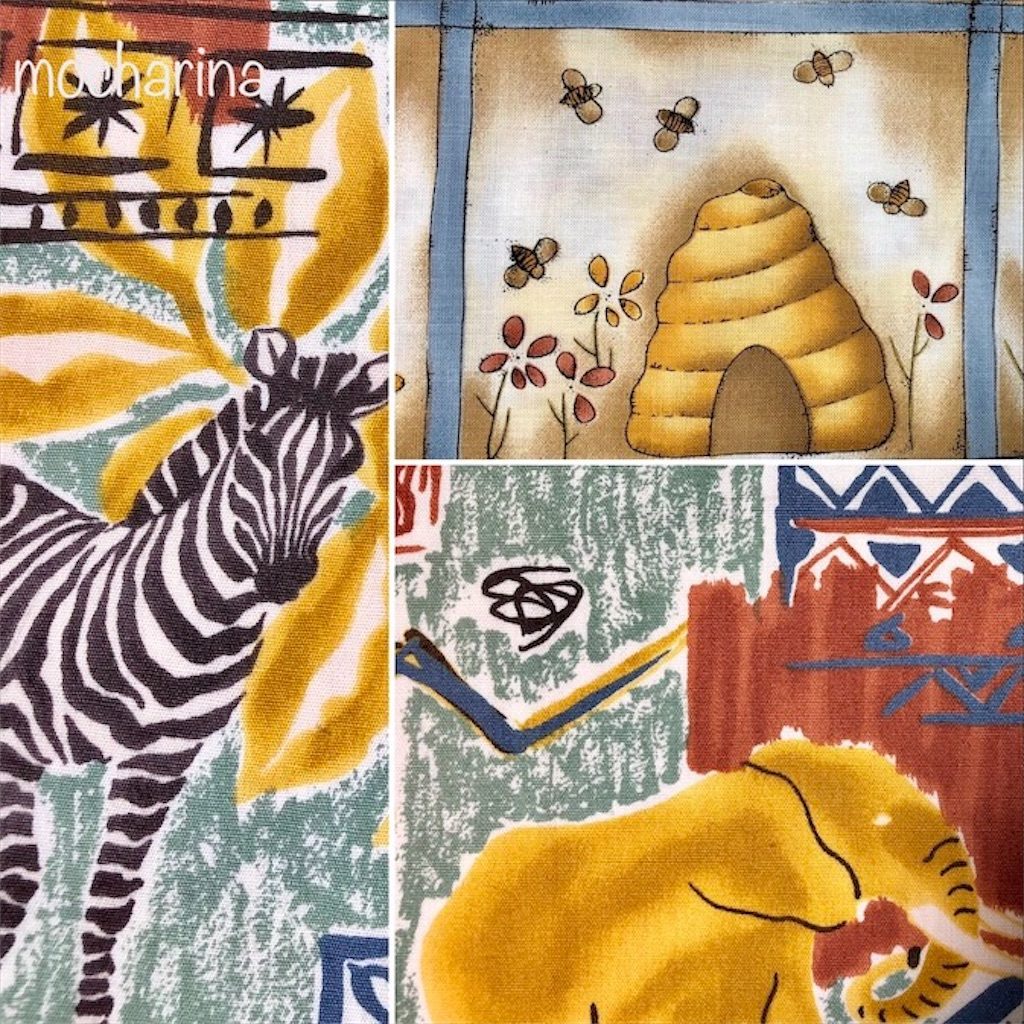 キルト3枚の模様の写真。シマウマ・象・蜂の模様のデザイン。